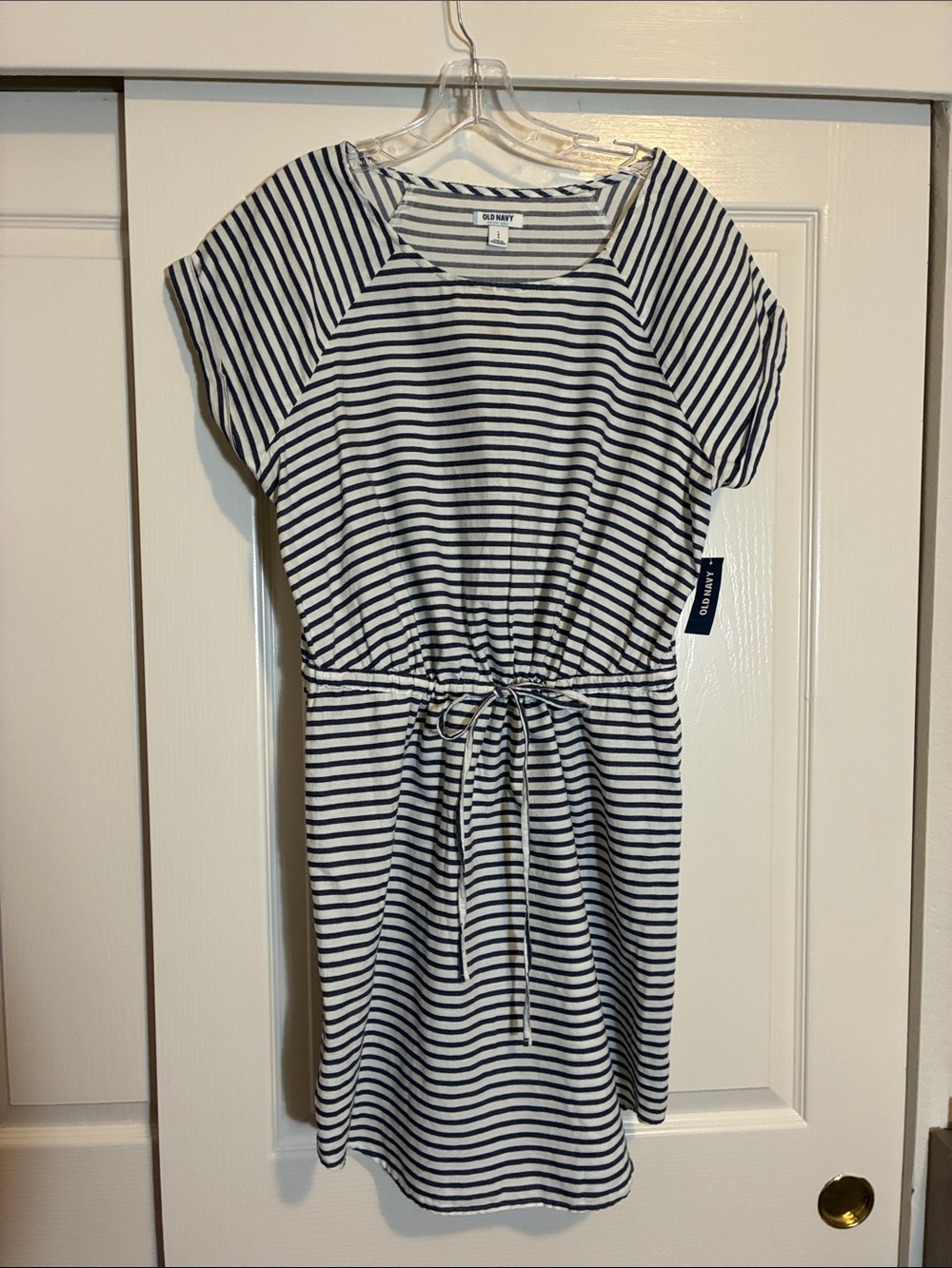 Old Navy Navy and White Striped Drawstring Waist Mini Dress